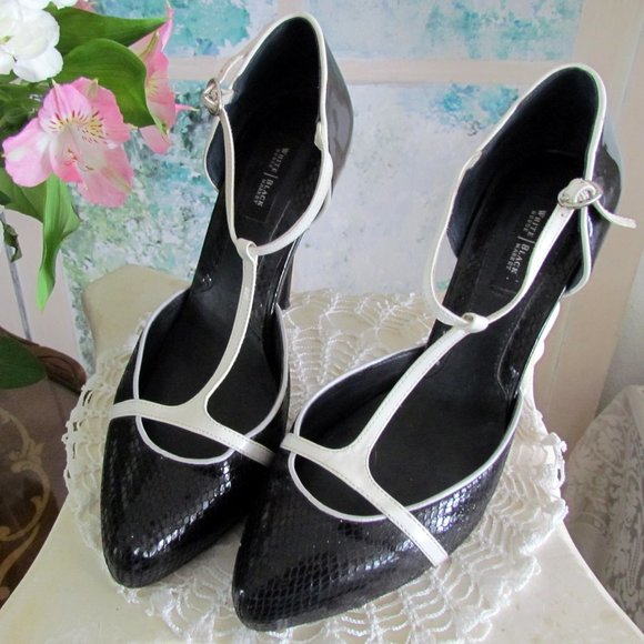BLACK & WHITE HEELS, 8.5, 8 1/2 WHITE HOUSE BLACK MARKET SHOES, LEATHER - Picture 4 of 8